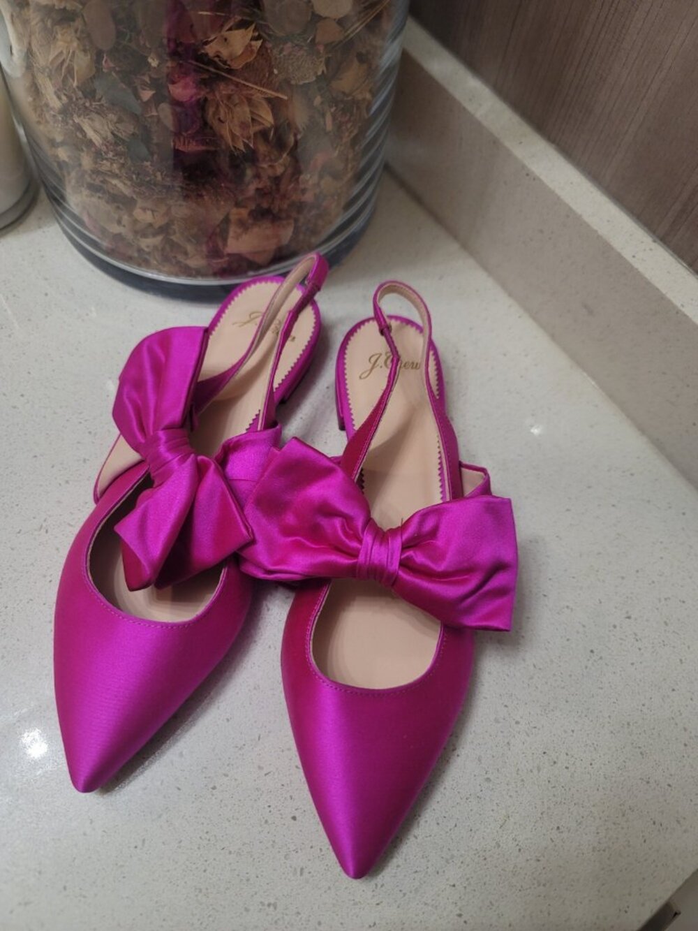 J.CREW Pink Bow Ballet Flats Satin Pointy Toe 7 Barbie Preppy Hot Pink Slip On - Picture 2 of 7